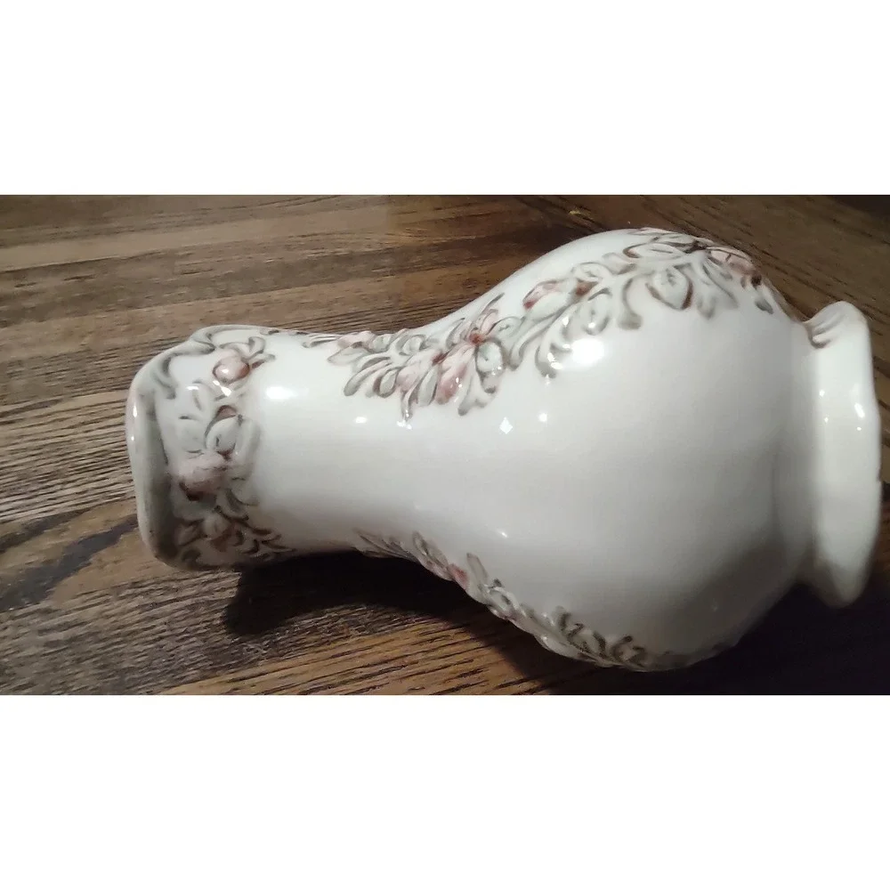 Vintage Ceramic Floral Pitcher Embossed Pink Roses White Bud Vase Creamer